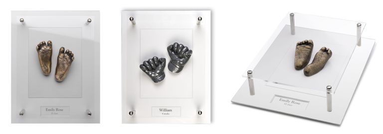 Three images of Image Casting's unique open frame. Two face on images of a pair of bronze resin baby feet and a pair of silver resin hands. Then an angled image to show the frame in more detail