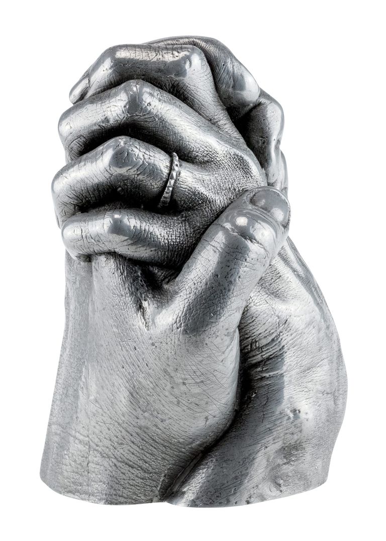 Aluminium resin cast of two adults holding hands