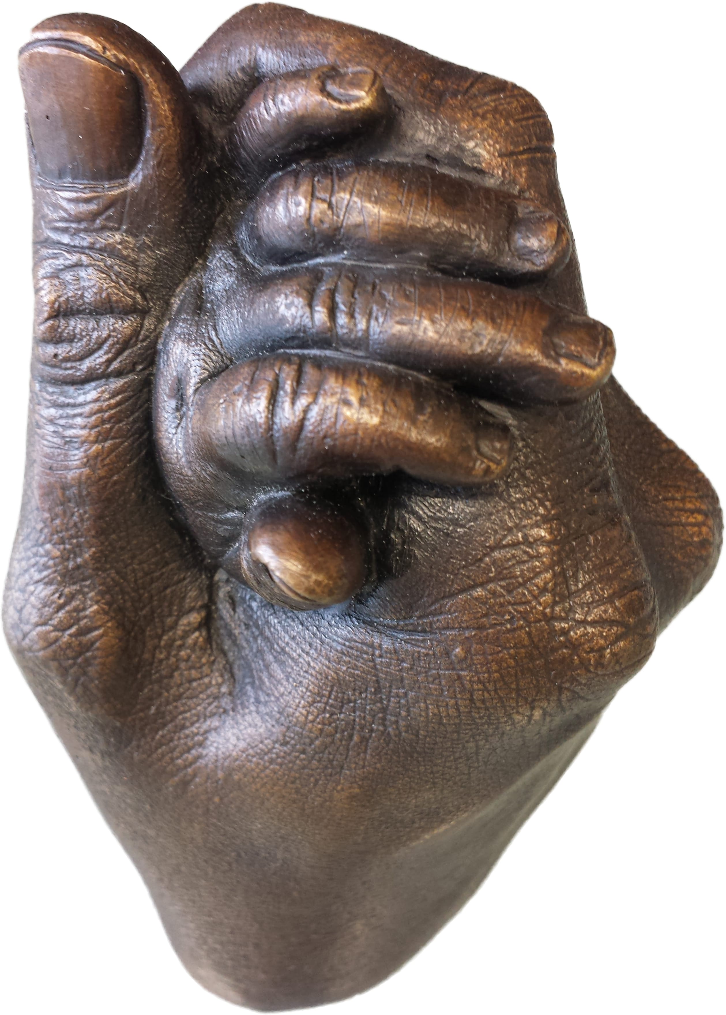 Real bronze cast showing the detail of a baby's hand grasping a dad's thumb