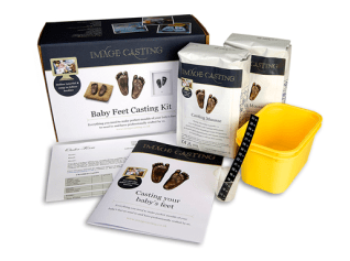 Image Casting's Casting Kit box showing the contents of alginate, yellow pots, a thermometer and instruction booklet